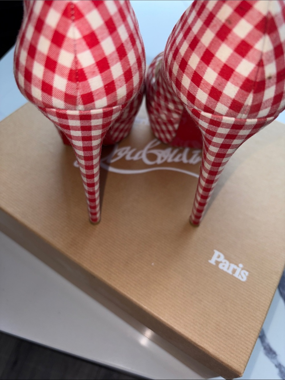 Christian Louboutin Red and White Gingham Peep-Toe Knot Pumps - Picture 11 of 12